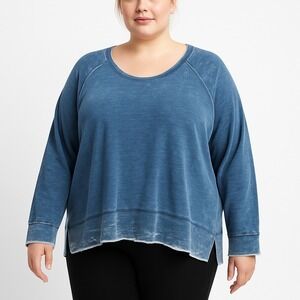 Melrose and Market Women's 3X Blue Mineral Wash Slub Knit Top Raw Hem Side Slits